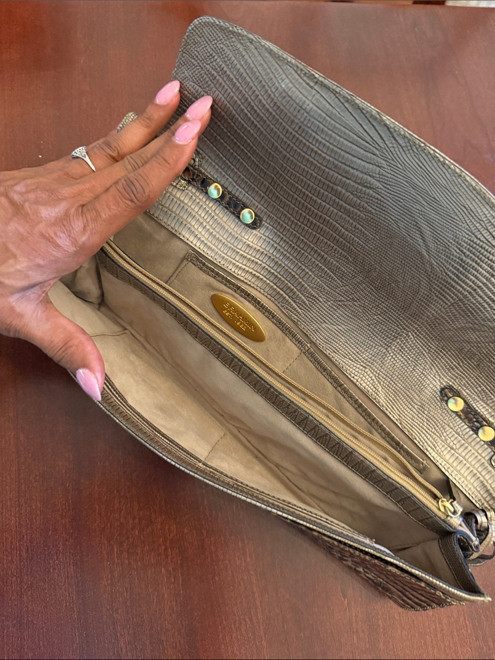 Brahmin Croc-Embossed Leather Clutch in Brown and Beige - Picture 6 of 7